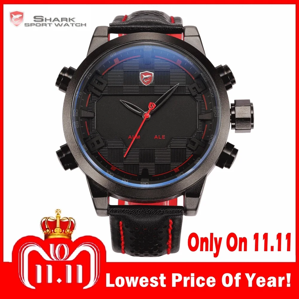 Goedkoop Sawback Angel Shark Sport Horloge LED Zwart Rood Rvs Case Digitale Dual Beweging Lederen Heren Waterdichte Horloges SH203