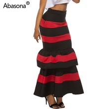Высокая Талия Bodycon полосатый принт каскадные оборки русалка макси юбки Клубные вечерние винтажные длиной до щиколотки юбка для женщин