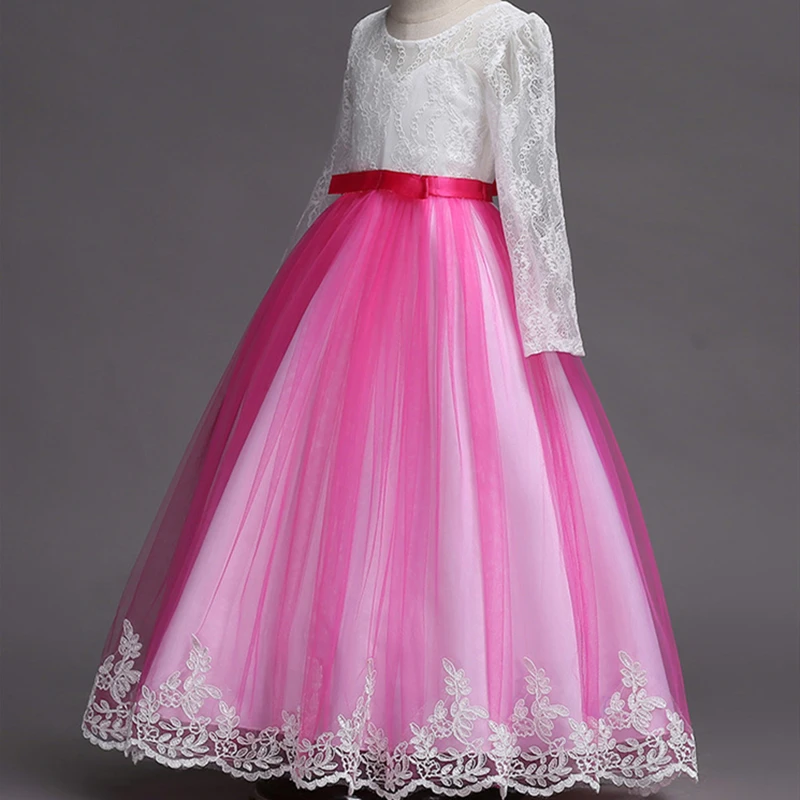 Свадебное платье с длинными рукавами и цветочным кружевом и бантом для девочек; детское Пышное вечернее платье принцессы для сцены и дня рождения; WG1572