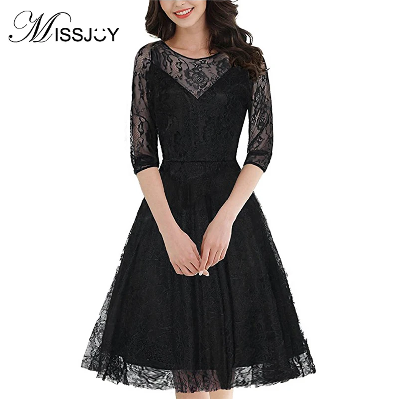 

MISSJOY Vintage Crochet Floral lace patchwork Three Quarter sleeve high waist O-Neck Fashion temperament elegant A-line dresses