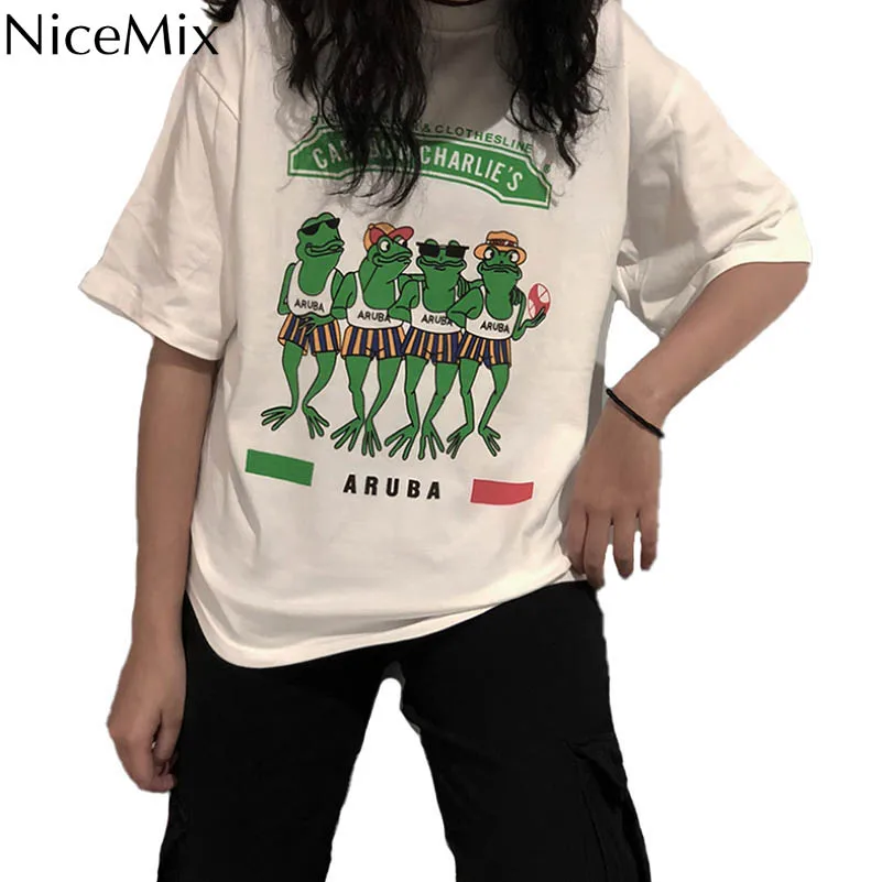 

NiceMix Harajuku Plus Size Large T Shirt Women 2019 Summer Top Frog Sunglass Print Funny White Tshirt Hip Hop Loose Tee Shirt