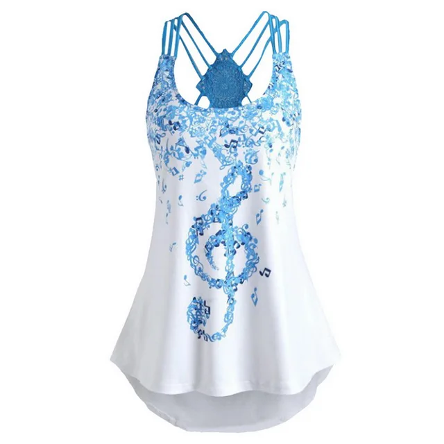 CALOFE New Women Running T-shirts Cross Back Musical Note O Neck T-Shirt Sleeveless Shirts Fitness Yoga Sleeveless Tank Tops
