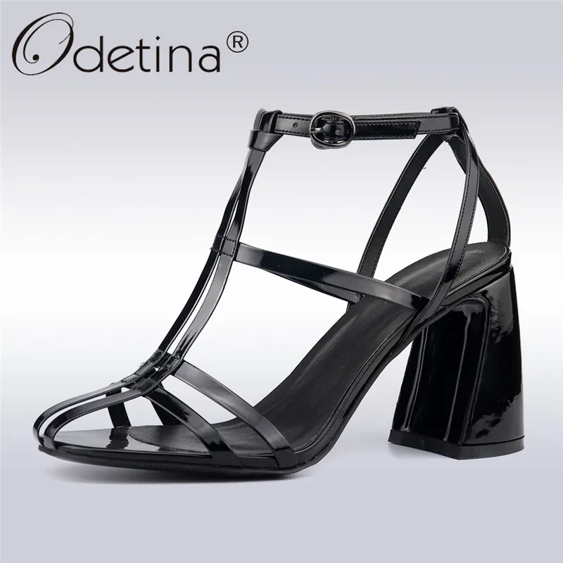 

Odetina New Fashion Women Hoof High Heels Gladiator Sandals Buckle Ankle T-strap Sexy Summer Party Dress Shoes Plus Size 35-42