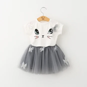 

5p125 Cat Baby Girls Clothing Sets 2017 New Boutique Summer 2pcs T-shirt + Skirt wholesale kids toddler clothes