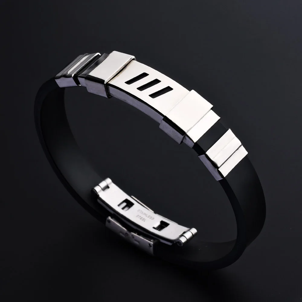 2018 Mens Black Silicone Stainless Steel Rubber Bracelets for Men Wrist