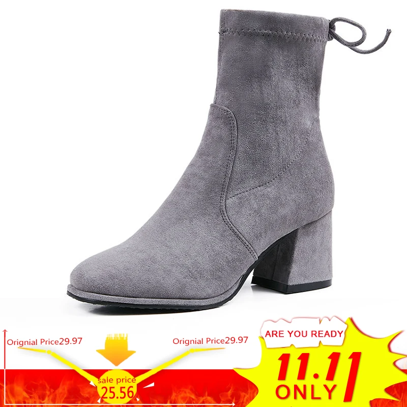 

BIMUDUIYU Back Lace Up Med Heels Women Short Boots Brand Designer Round Toe Autumn Fashion Office Lady Shoes Women Boots Nysiani