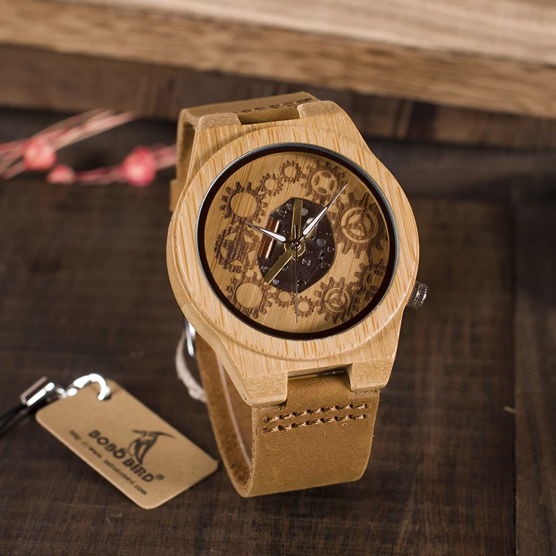 BOBO BIRD WB09 открытый механизм дизайн бамбуковое дерево кварцевые часы из натуральной кожи Ремешки скелет часы в деревянной подарочной коробке OEM