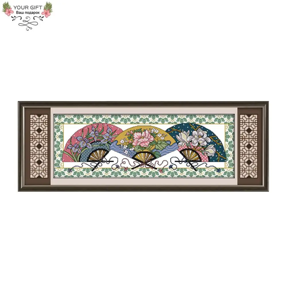 Joy Sunday Home Decor J035 Counted and Stamped Three Fans' Picture Needlework Embroidery DIY Cross Stitch Kit | Дом и сад