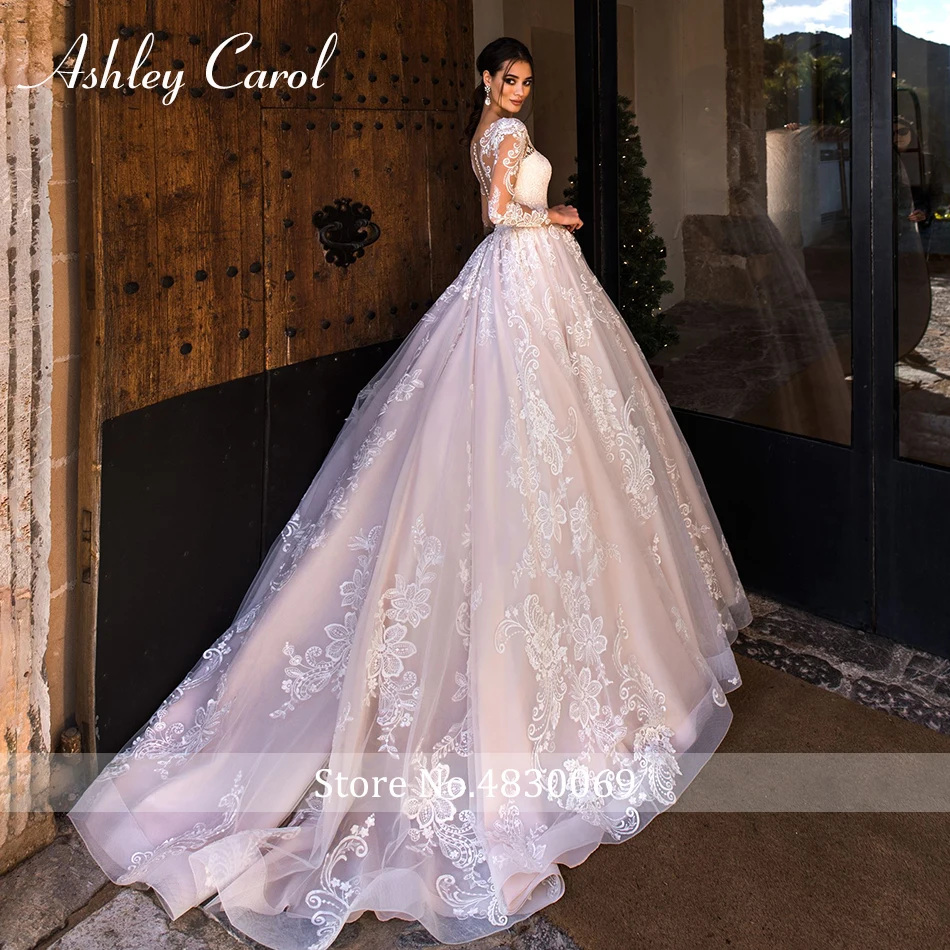 Ashley Carol сексуальное платье с кружевным декольте Тюлевое свадебное платье с длинным рукавом принцесса ТРАПЕЦИЕВИДНОЕ свадебное платье винтажное свадебное платье