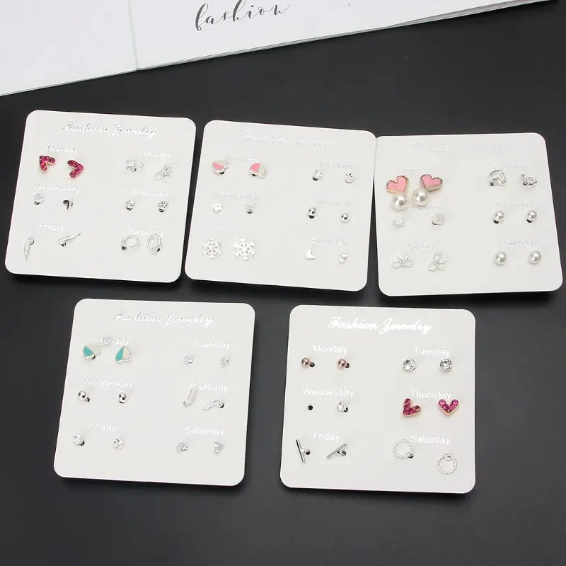 

6 Pairs Assorted Leaf Stars Heart Crystal Stud Earrings One Week Earrings Kit