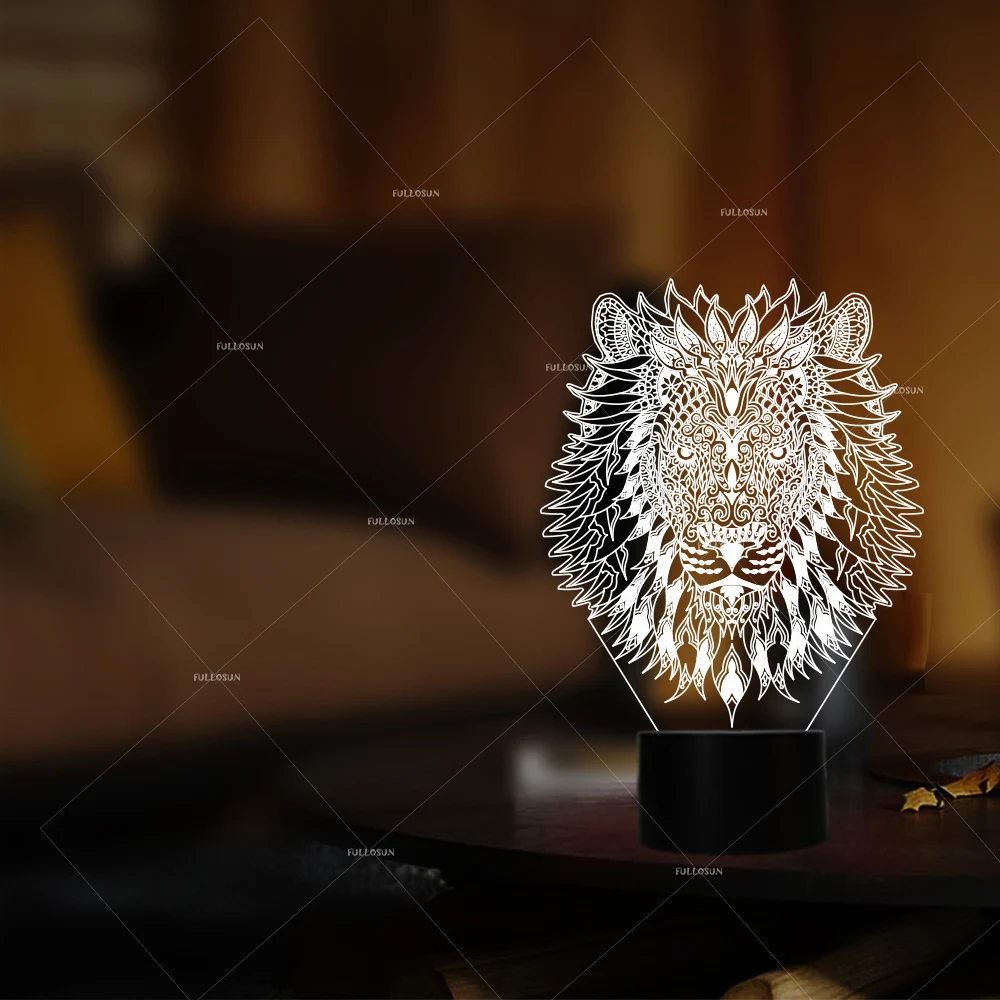 Ночник с 3d рисунком головы льва светодиодный светильник 7 меняющихся цветов
