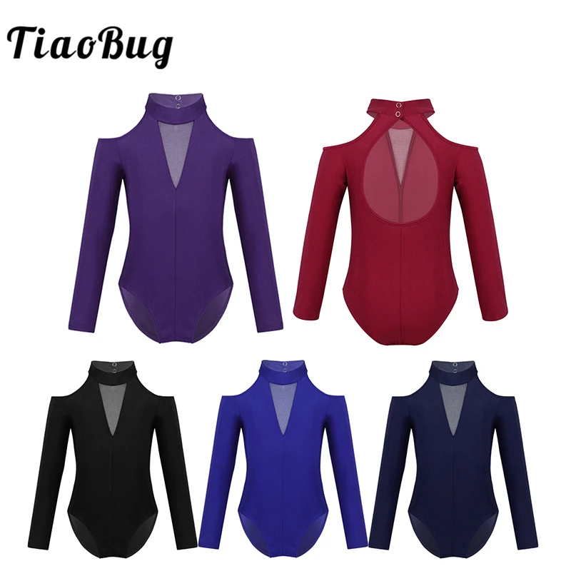 

TiaoBug Kids Long Sleeve Off-shoulder Cutout Ballet Leotard Girls Gymnastics Leotard Ballerina Exercise Bodysuit Kids Dance Wear