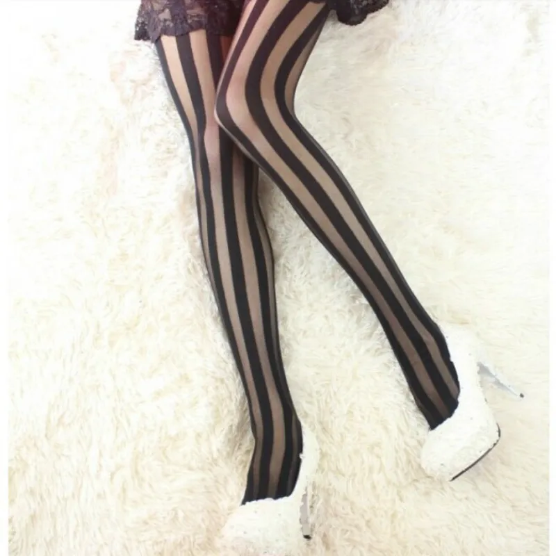 

Sexy Black Vertical Striped Tights Gothic Punk Stripe Tights Women Temptation Sheer Mock Suspender Tights Pantyhose Stockings