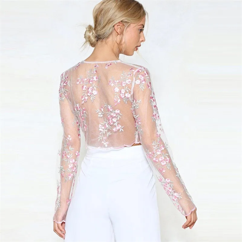 

Summer Women Shirts Fashion Transparent Embroidery Lace Up Bandage Pink Floral Crop Tops Blouse Ladies Flower Bandage Clothes