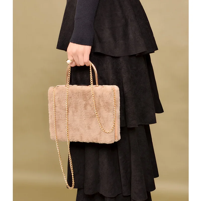 

Women's Fur Tote Square Box CrossBody Bag Shoulder Bags Clutches Top-handle Purse Handbags Winter Chain