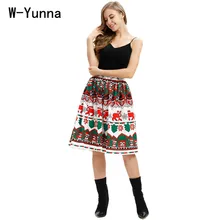W-Yunna Новое рождественское Для женщин Миди-юбки подарок Санта-Клауса печать Высокая Талия Для женщин юбки трапециевидной формы Jupe Femme