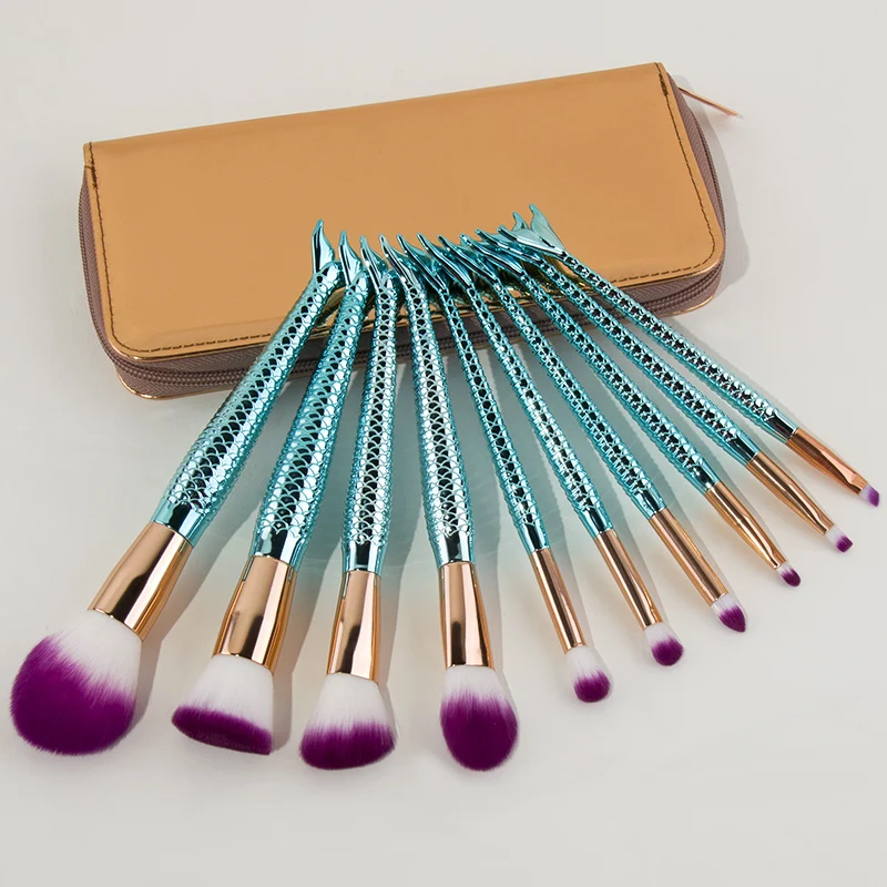 

10PCS Mermaid Makeup Brushes Set Foundation Powder Eyeshadow Foundation Blending Blush Cosmetic Beauty Brush with Bag