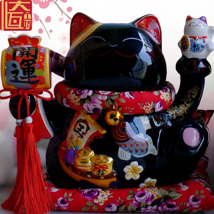 Черный Maneki Neko керамический счастливый кот с лютней домашний декор украшения креативные деловые подарки удача Кот Копилка фэншуй ремесло