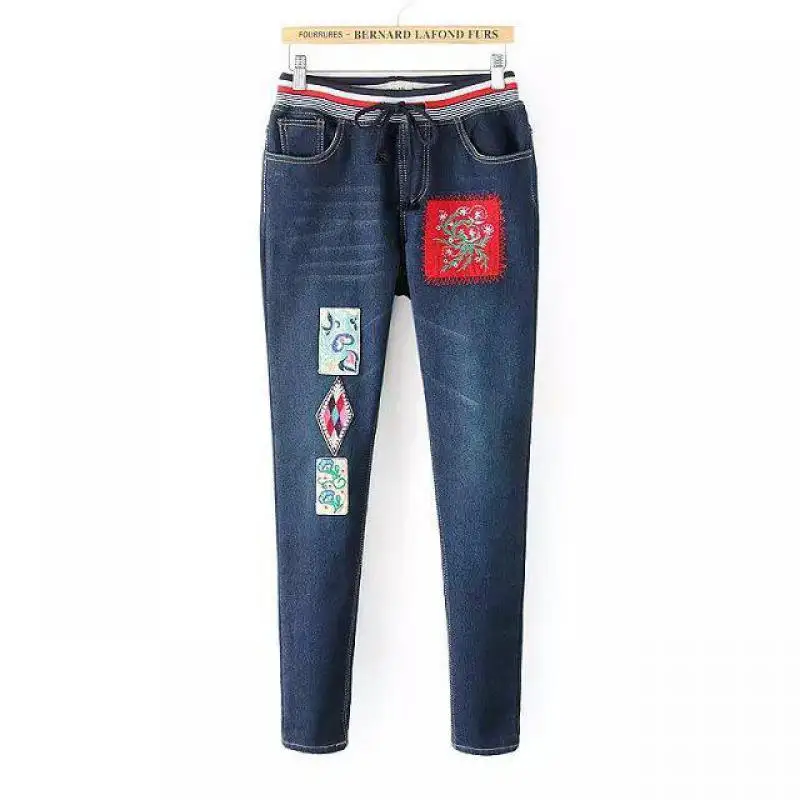 

2017 New Velvet Plus Code Large Loose Autumn And Winter Line Cloth Elastic Waist Thick Straight Tube Jeans Pants Free Shipping