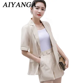

Summer Cotton Linen Tracksuit for Women 2018 Office Lady Loose Thin Blazer And High Waist Hot Shorts Suit 2 Pieces Set Feminino