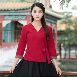 2019 летние традиционная китайская одежда для женщин косой застежкой со стильной футболкой Восточный жаккард хлопок китайский кофточка