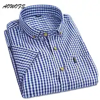 AOWOFS Mens Plaid Shirts Small Checks Gingham Shirts Men Short Sleeve Button Down Cotton Shirts Summer Men Clothes