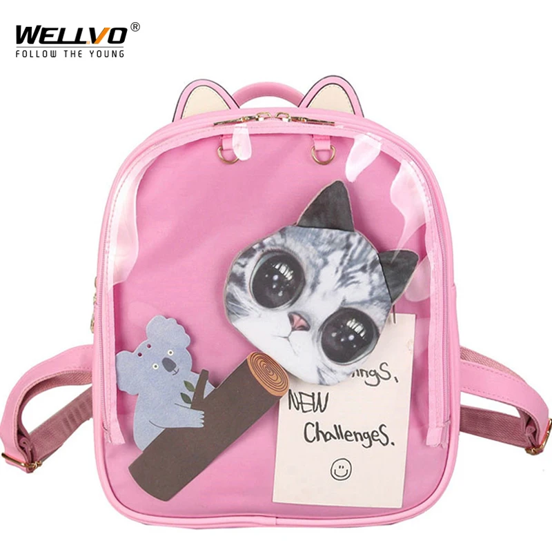 Cat Ears Transparent Backpack Women Cute Clear Backpacks Leather School