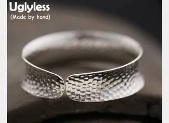 

Uglyless S 990 Silver Fine Women Exaggerated Wide Bangles Handmade Knocking Face Concaved Personalized Bangle Adjustable Bijoux