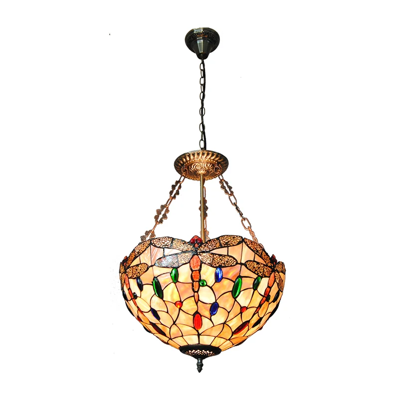 Victorian Tiffany 3 Lights Dragonfly Inverted Hanging Light Modern