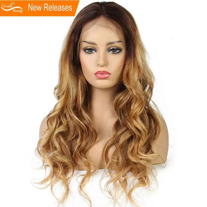 Ombre медовый блонд Волнистые парик 180 плотность Синтетические волосы на кружеве человеческих волос парики предварительно накладка из волос