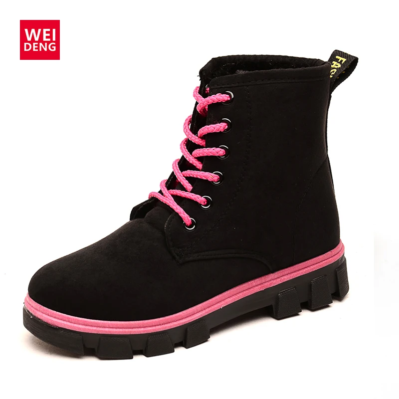 

WeiDeng Suede Winter Leisure Lace Up Flat Heel Martin Boots Snow Ankle Women Warm Fur Shoes Non Slip Wearable Fashion Boots