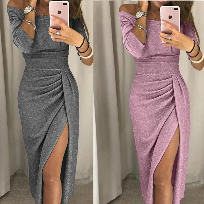 

2018 spring and autumn solid bling bling party woman dresses sheath split slash neck empire long sleeve female bandage dresses