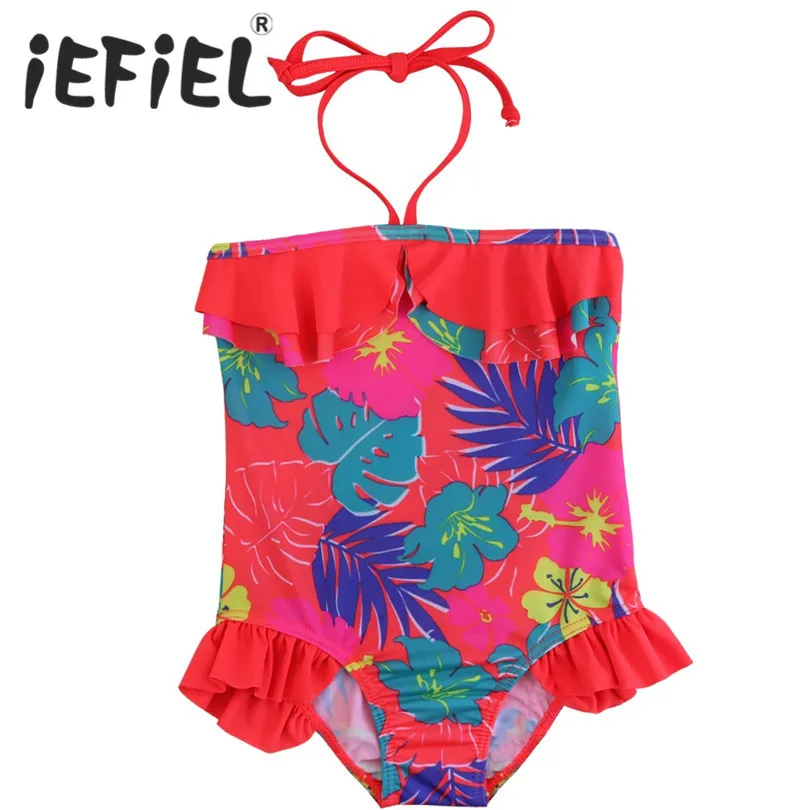 iEFiEL Summer Kids Toddler Girls One Piece Halter Floral Print Swimsuit