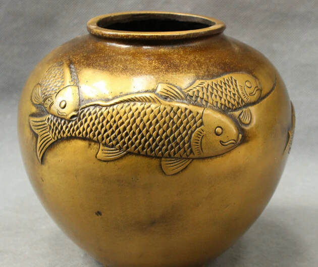 

JP S0608 Folk Chinese Bronze Buddhism Wealth Lively Fish Statue Jug Jar Pot Vase Tank B0403