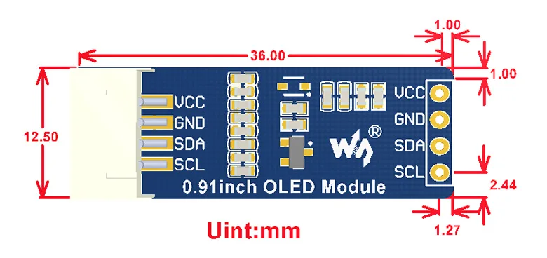 Waveshare 0,91 дюйма OLED дисплей модуль 128x32 пикселей I2C интерфейс встроенный контроллер 16 бит серый уровень SSD1306 драйвер 3,3 V/5 V