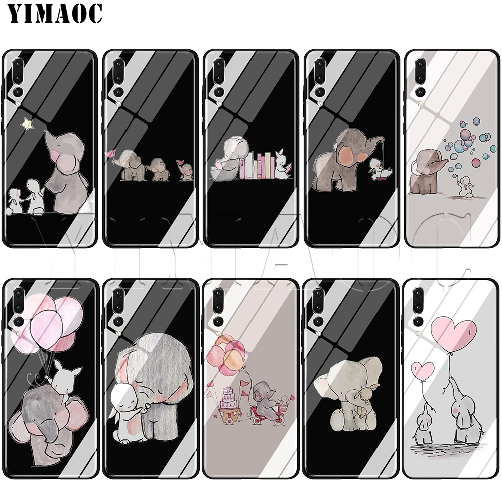 

YIMAOC Lovely Elephant Rabbit Balloon Tempered glass TPU Case for Huawei Honor Mate 7A 8X 9 P10 20 Y6 Y9 P smart lite Pro 2018