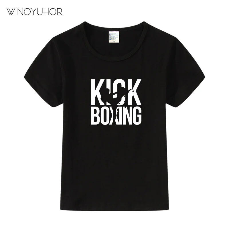Забавные футболки с принтом «Kick Boxing» детские топы с короткими рукавами для мальчиков и девочек, футболки, крутая повседневная одежда для малышей - Цвет: Black