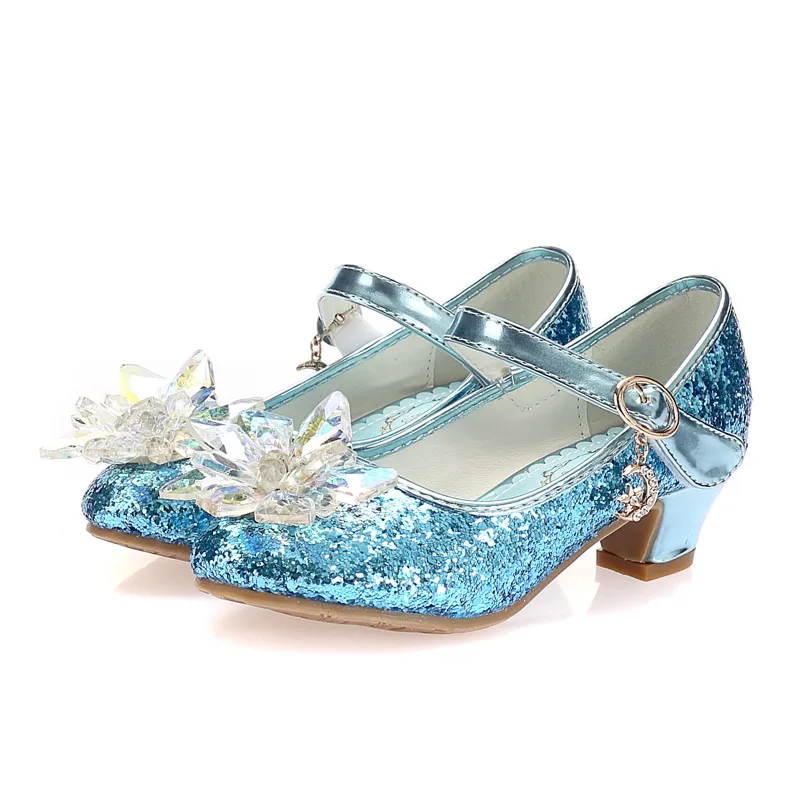 

ULKNN Children's high-heeled dance shoes Girls Rhinestone flower performance shoes Silver shoe princess High heels shoes