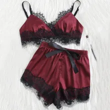 Women Spaghetti Strap Lace Sleepwear Satin Pajama Cami Top + Shorts Pajamas Sexy Pajama Set For Summer Shorts Sets lace insert cami pajama set with robe