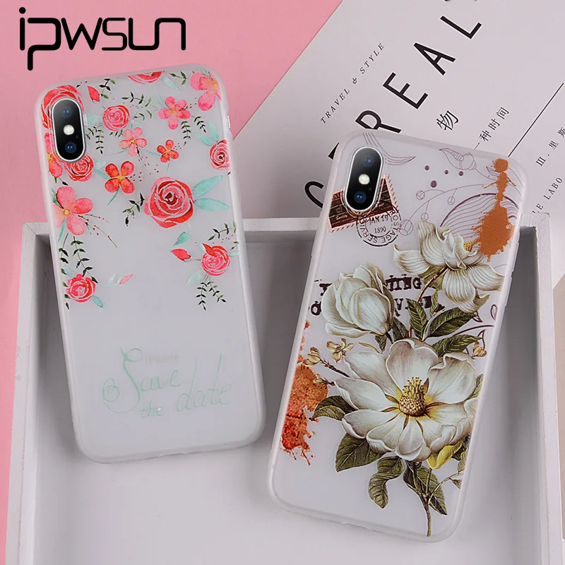 

iPWSOO Beautiful Flower Case For iPhone 6 6S 7 8 Plus X XR XS Max Case Fashion Cute 3D Relief Soft TPU For iPhone 7 Phone Cover