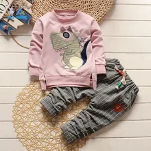 Весна-осень с рисунками для детей баннер дракон комплект одежды для мальчиков и девочек, повседневная одежда с длинными рукавами, футболка+ брюки в клетку 2 шт./компл