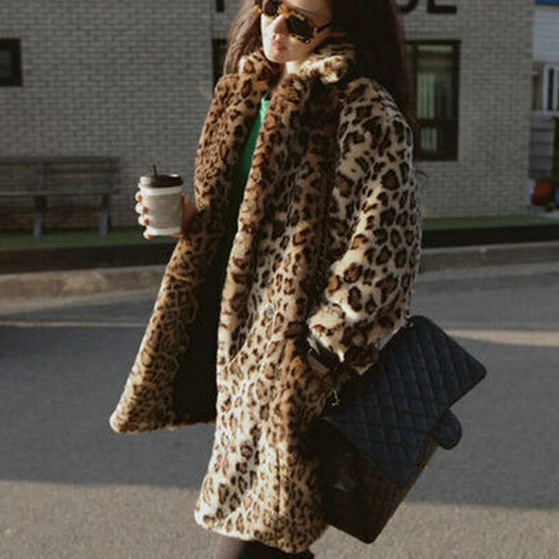 De W694 long Veste En Fourrure Imitation Femmes Hiver Moyen Fausse Survêtement Sexy S Léopard Mode 2016 Leopard Automne Manteau xxl Pq64PU