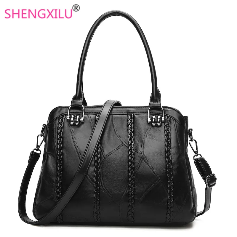 

Shengxilu 2019 New Fashion Real Genuine Leather Women's Handbag Black Sheepskin Ladies Shoulder Messenger Bag Ipad Brand Totes