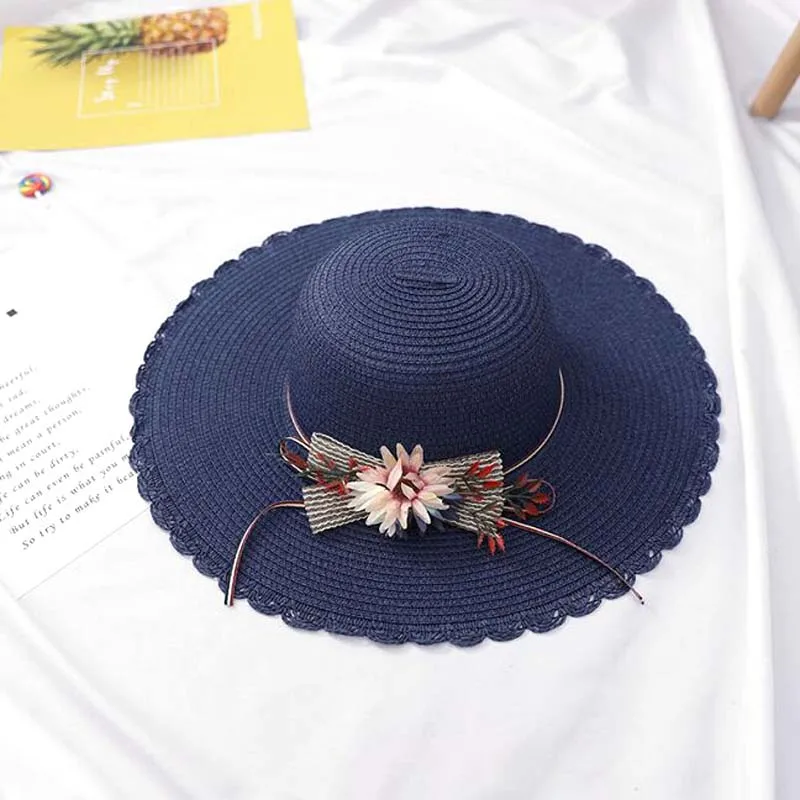 navy blue XEONGKVI летние складные бант Цветок Солнцезащитные шляпы Chapeau Femme Ete широкие поля пляжные соломенные шляпы для женщин Девушка родитель-Детские шапочки - Цвет: navy blue