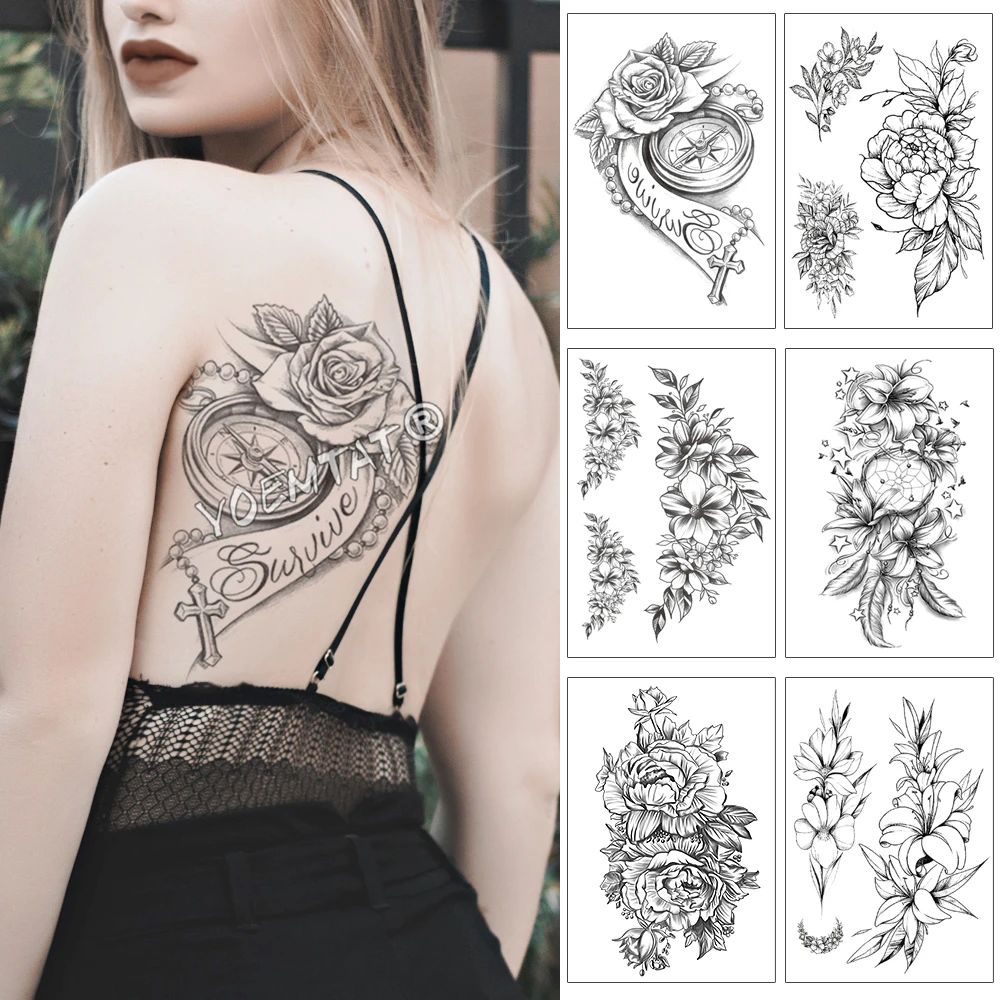 

Rose Compass Pearl Cross Waterproof Temporary Tattoo Sticker Black Lace Arm Back Flowers Big Tatto Body Art Fake Tatoo For Women