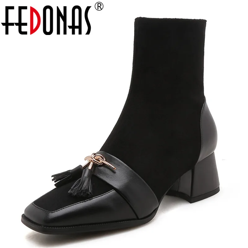 

FEDONAS New Arrival Women Mid-Calf Boots Autumn Winter Warm Fringe High Heels Shoes Square Toe Elegant Office Career Basic Boots