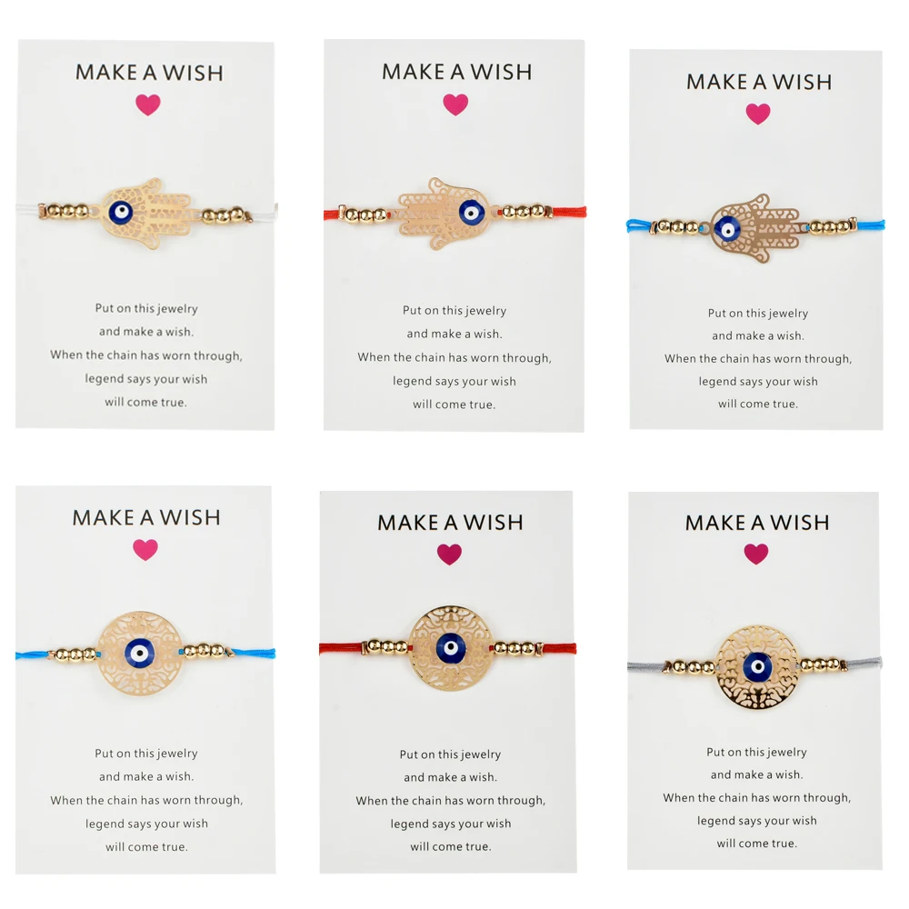 

Make a wish Paper Card Handmade Braided Rope Chain Bracelet Adjustable Evil Eye Palm Charms Bracelet for Women Bohemian Jewelry