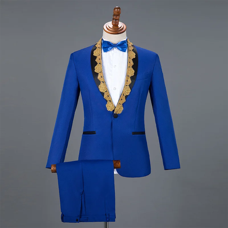 Shenrun Men's 2-Piece Suit Wedding Groom Tuxedos Praty Prom Jacket Pants Host Singer Drummer Chorus Musician Male Stage Costumes - Цвет: blue