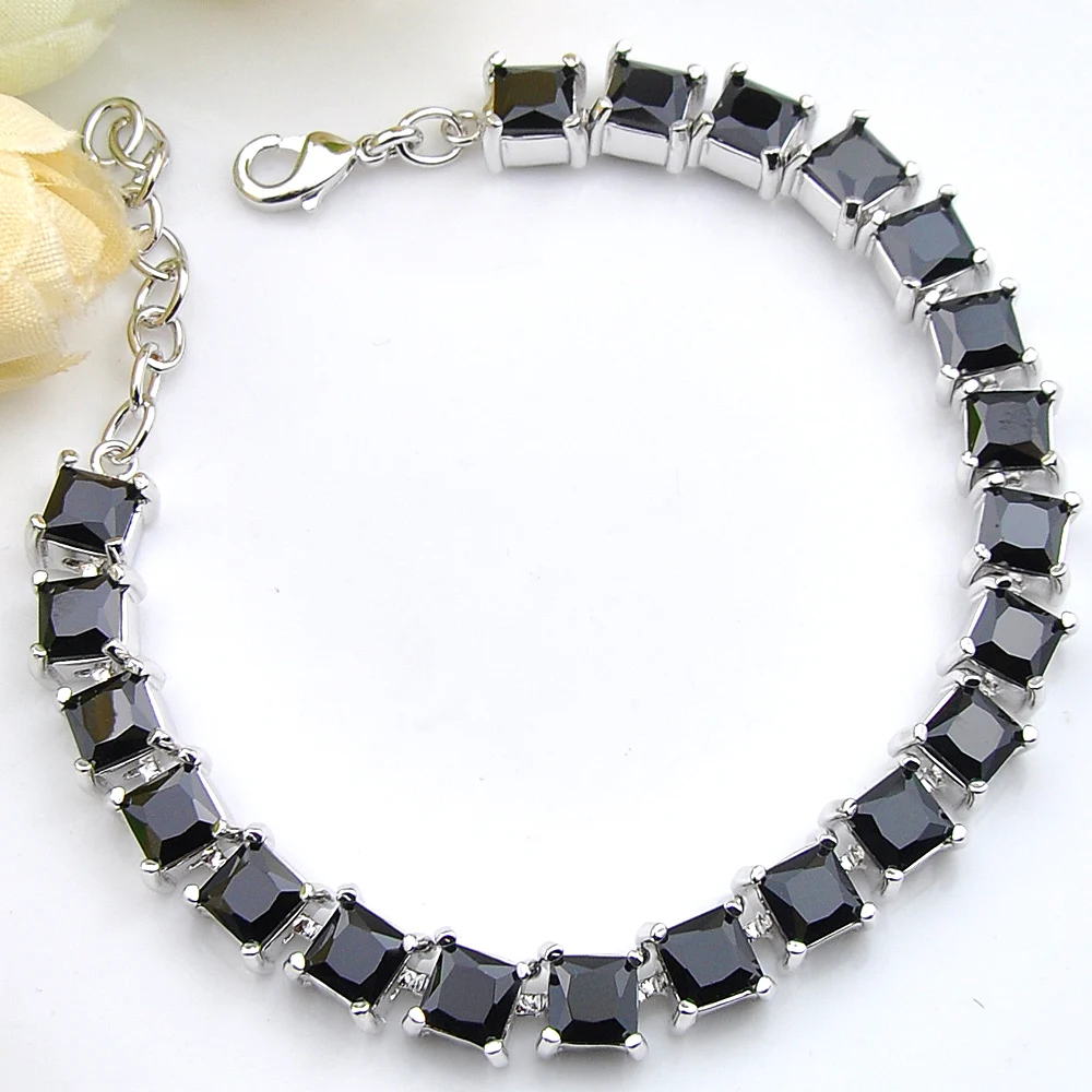 LuckyShine Fashion Fire Square Black Onyx Crystal Zirconia Silver Chain Bracelets for Russia USA Ukraine Wedding Party Gifts