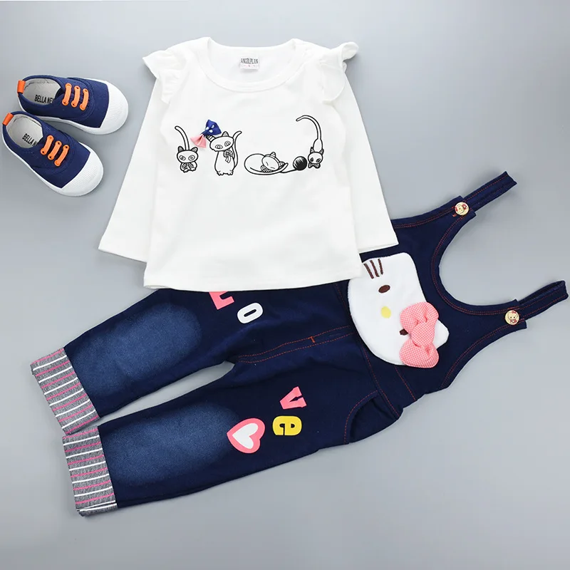

Fashion 2016 Baby Set Baby Girl Clothes Kids Clothing Set Girl (Pants+T-shirt) Baby White Cat Pattern Denim Overalls Suit